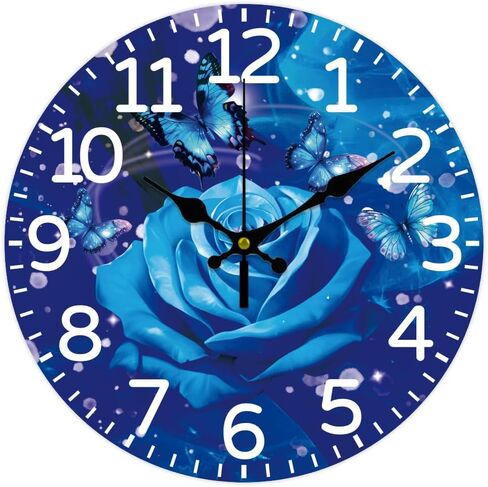 CHGCRAFT Blue Rose Wall Clock 12 Inch Battery Operated Wall Clocks Butterfly Non Ticking Silent Clock Decorative Clocks for Living Room Office Bedroom Home Decor in Kuwait