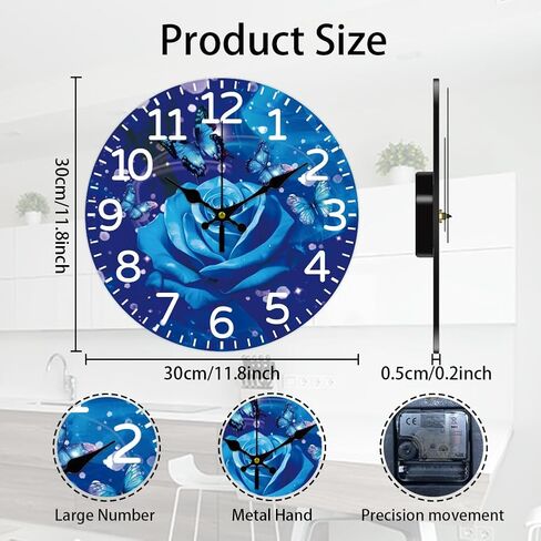 CHGCRAFT Blue Rose Wall Clock 12 Inch Battery Operated Wall Clocks Butterfly Non Ticking Silent Clock Decorative Clocks for Living Room Office Bedroom Home Decor in Kuwait