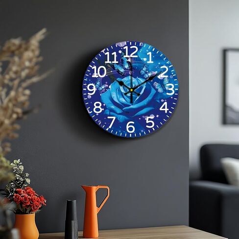 CHGCRAFT Blue Rose Wall Clock 12 Inch Battery Operated Wall Clocks Butterfly Non Ticking Silent Clock Decorative Clocks for Living Room Office Bedroom Home Decor in Kuwait