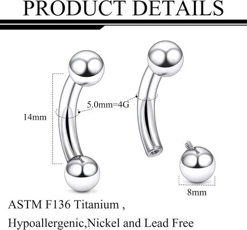 Ruifan 20g 18g 16g 14g 12g 8g 6g 4g 2g Rook Piercing Jewelry Titanium Internally Threaded Curved Barbell Eyebrow PA Tragus Helix Conch Lobe Earrings Lip Rings Body Piercing Jewelry For Women Men in Saudi Arabia