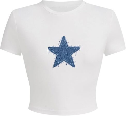 SweatyRocks Women's Star Denim Print Crop Tops Y2k Short Sleeve Crew Neck Slim Fit T Shirt in Saudi Arabia