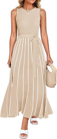 ZESICA Women's Summer Sleeveless Maxi Dress 2025 Crewneck Ribbed Knit Tie Waist Casual A Line Swing Dresses in Kuwait