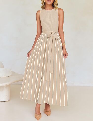 ZESICA Women's Summer Sleeveless Maxi Dress 2025 Crewneck Ribbed Knit Tie Waist Casual A Line Swing Dresses in Kuwait