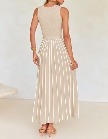 ZESICA Women's Summer Sleeveless Maxi Dress 2025 Crewneck Ribbed Knit Tie Waist Casual A Line Swing Dresses in Kuwait