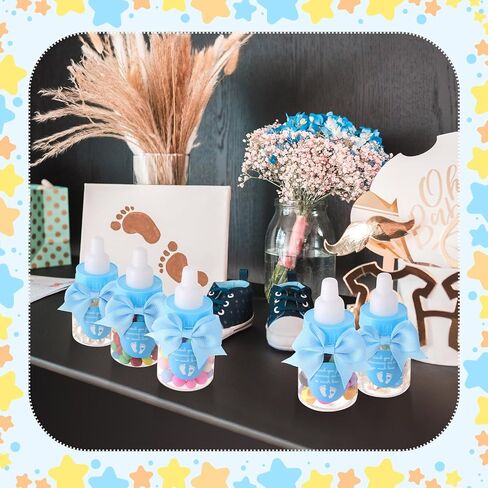 48 مجموعة 3.5 بوصة زجاجات صغيرة زرقاء صغيرة لاستشعار الطفل الحفل لصالح لعبة البلاستيك زجاجات الحليب مع شكر لك ملصقات الاستحمام والأقواس استحمام الطفل شكرا لك الضيوف الصبي ديكور الحلوى in Saudi Arabia