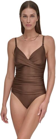 DKNY Women's Surplice Ruched Spaghetti Strap One Piece Swimsuit مع التحكم في البطن in Saudi Arabia