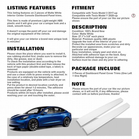 Xotic Tech Center Center Censole Dashboard لوحة غطاء غطاء غطاء الغلاف ، أبيض غير لامع ، متوافق مع Tesla Model 3 2017 2018 2019 2020 2021 2022 2023 ، Model Y 2020 2021 2022 2024 2024 2025 in Kuwait