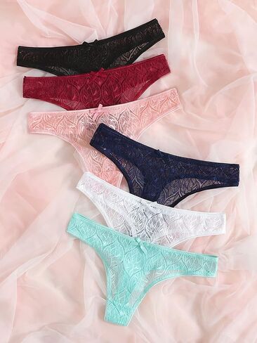 Wdirara Women's 6 Pack Panty Lace Bow Tie Mesh Interies Interies in Saudi Arabia