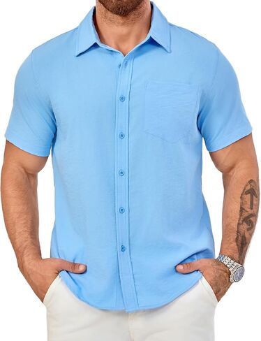Men's Short Sleeve Button Down Shirts Casual Blending Beach Shirt with Chest Pocket Classic Fit Summer Tops in Saudi Arabia