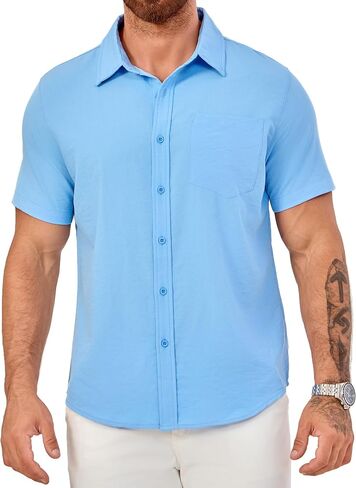 Men's Short Sleeve Button Down Shirts Casual Blending Beach Shirt with Chest Pocket Classic Fit Summer Tops in Saudi Arabia