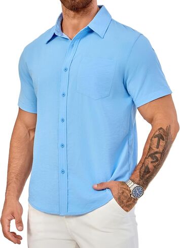 Men's Short Sleeve Button Down Shirts Casual Blending Beach Shirt with Chest Pocket Classic Fit Summer Tops in Saudi Arabia