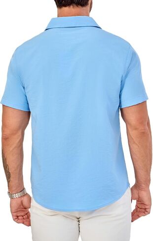 Men's Short Sleeve Button Down Shirts Casual Blending Beach Shirt with Chest Pocket Classic Fit Summer Tops in Saudi Arabia
