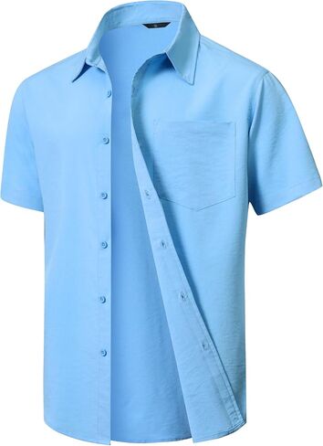 Men's Short Sleeve Button Down Shirts Casual Blending Beach Shirt with Chest Pocket Classic Fit Summer Tops in Saudi Arabia