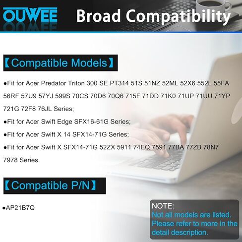 بطارية كمبيوتر محمول AP21B7Q متوافقة مع سلسلة ACER Predator Triton 300 SE PT314-52S 15.48V 76Wh 4930mAh in Kuwait