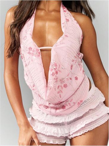 Milumia Women's Floral Sequin Draped Front Halter Top Sexy Tie Backless Asymmetrical Hem Tops in Saudi Arabia