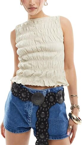 Women Shirred Tank Top Summer Smocked Tops Sleeveless Ruffle Hem Graphic Pleated Shirt Y2k Going Out Vacation Tops in Saudi Arabia