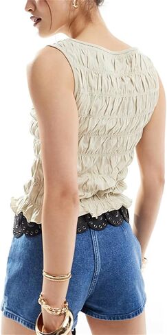 Women Shirred Tank Top Summer Smocked Tops Sleeveless Ruffle Hem Graphic Pleated Shirt Y2k Going Out Vacation Tops in Saudi Arabia