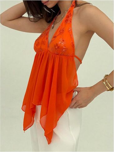 SweatyRocks Women Y2K Mesh Sequin Ruffle Hanter Tops Tops Top عاريات غير متناظرة in Kuwait