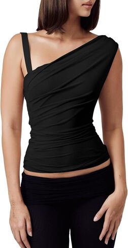 One Off The Shoulder Tops for Women - Sleeveless Mesh Ruched Going Out Crop Tank Top Slim Fit Y2K Shirts in Kuwait
