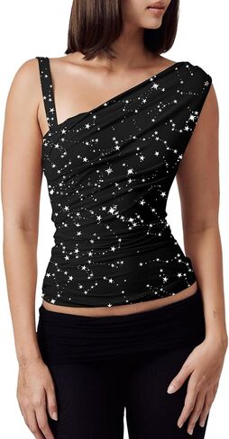 One Off The Shoulder Tops for Women - Sleeveless Mesh Ruched Going Out Crop Tank Top Slim Fit Y2K Shirts in Kuwait