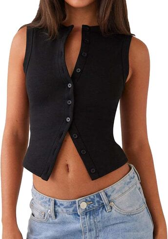 Women's Button Down Tank Tops Solid Ribbed Vest Sleeveless Slim Fit Cropped Cardigan Summer Going Out Tops in Kuwait