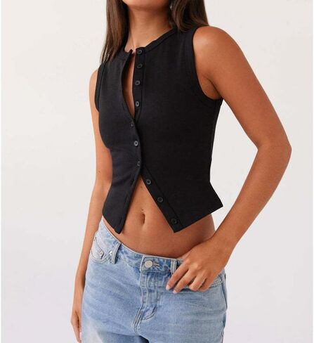 Women's Button Down Tank Tops Solid Ribbed Vest Sleeveless Slim Fit Cropped Cardigan Summer Going Out Tops in Kuwait