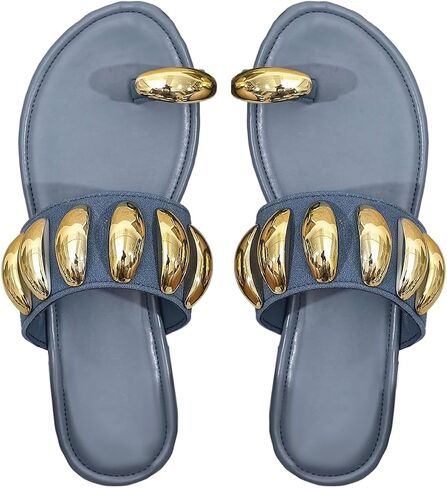 GORGLITTER Women's Metallic Toe Ring Flat Sandals Open Toe Jeweled Wide Width Slide Sandals in Saudi Arabia
