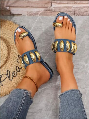 GORGLITTER Women's Metallic Toe Ring Flat Sandals Open Toe Jeweled Wide Width Slide Sandals in Saudi Arabia