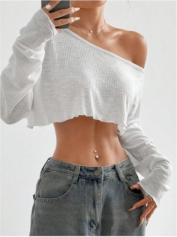Women's Asymmetrical Off Shoulder Crop Tops Long Sleeve Ribbed Knit Lettuce Trim T Shirts in Saudi Arabia