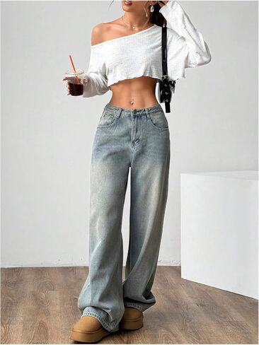 Women's Asymmetrical Off Shoulder Crop Tops Long Sleeve Ribbed Knit Lettuce Trim T Shirts in Saudi Arabia