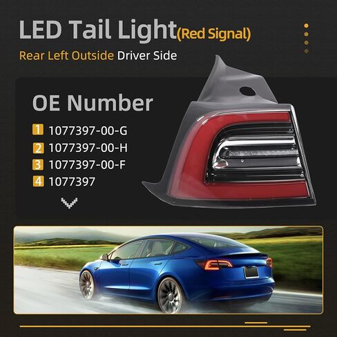 3 PIN Driver Side LED Tail Light Assembly, Rear Left Brake Outside Tail Lamp, for Tesla Model 3 2017 2018 2019 2020, OE# 1077397-00-H, 1077397-00-F, 1077397-00-G, 1077397 in Kuwait