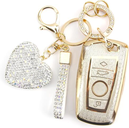 Key Fob Cover with Diamond Keychain Car Key Holder Compatible with BMW X1 X3 X4 X5 X6 1 2 4 5 6 7 M3 M5 M6 GT3 GT5 G30 F10 F15 F16 F20 Protector for Women, 3 Buttons (White-Heart) in Kuwait