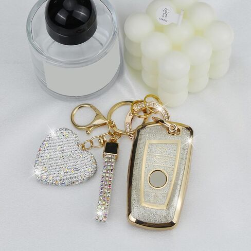Key Fob Cover with Diamond Keychain Car Key Holder Compatible with BMW X1 X3 X4 X5 X6 1 2 4 5 6 7 M3 M5 M6 GT3 GT5 G30 F10 F15 F16 F20 Protector for Women, 3 Buttons (White-Heart) in Kuwait