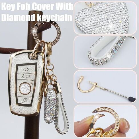 Key Fob Cover with Diamond Keychain Car Key Holder Compatible with BMW X1 X3 X4 X5 X6 1 2 4 5 6 7 M3 M5 M6 GT3 GT5 G30 F10 F15 F16 F20 Protector for Women, 3 Buttons (White-Heart) in Kuwait