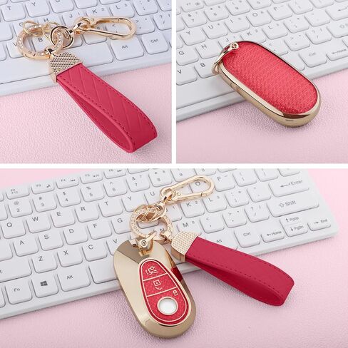for Mercedes Benz Key Fob Cover, 4 Buttons Soft TPU Keys Protector Bling Key Fob Keychain for EQE350 S580 C300 C-Class S-Class G-Class E-Class 2020-2024, Gold Pink in Saudi Arabia