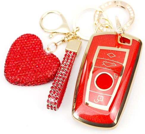 Key Fob Cover with Diamond Keychain Car Key Holder Compatible with BMW X1 X3 X4 X5 X6 1 2 4 5 6 7 M3 M5 M6 GT3 GT5 G30 F10 F15 F16 F20 Protector for Women, 3 Buttons (White-Heart) in Kuwait