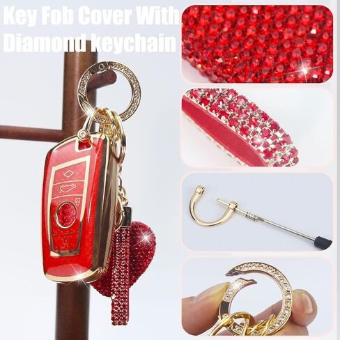 Key Fob Cover with Diamond Keychain Car Key Holder Compatible with BMW X1 X3 X4 X5 X6 1 2 4 5 6 7 M3 M5 M6 GT3 GT5 G30 F10 F15 F16 F20 Protector for Women, 3 Buttons (White-Heart) in Kuwait