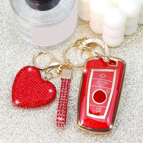 Key Fob Cover with Diamond Keychain Car Key Holder Compatible with BMW X1 X3 X4 X5 X6 1 2 4 5 6 7 M3 M5 M6 GT3 GT5 G30 F10 F15 F16 F20 Protector for Women, 3 Buttons (White-Heart) in Kuwait