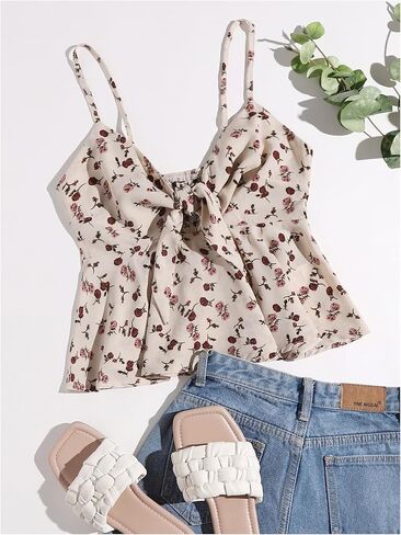 Floerns Women's Floral Print Ruffle Hem Camisole Tie Front Shirred Holiday Cami Top in Saudi Arabia