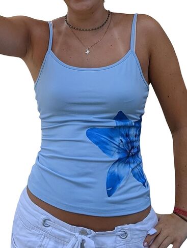 Women Y2k Floral Print Tank Top Vintage Sleeveless Crop Camisole Spaghetti Strap Aesthetic Going Out Top in Saudi Arabia