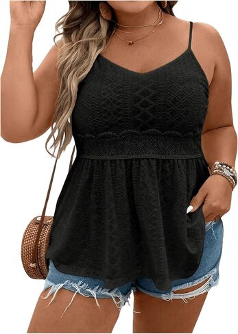 Shenhe Women's Plus Size v Neck Eyelet Cami Peplum Top Spaghetti Strap Block Boho Top Top in Saudi Arabia