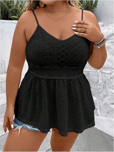 Shenhe Women's Plus Size v Neck Eyelet Cami Peplum Top Spaghetti Strap Block Boho Top Top in Saudi Arabia