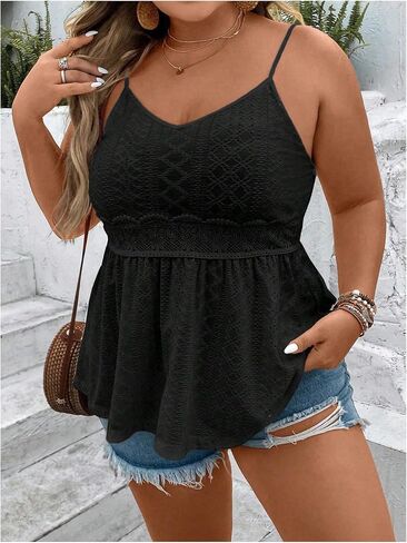 Shenhe Women's Plus Size v Neck Eyelet Cami Peplum Top Spaghetti Strap Block Boho Top Top in Saudi Arabia