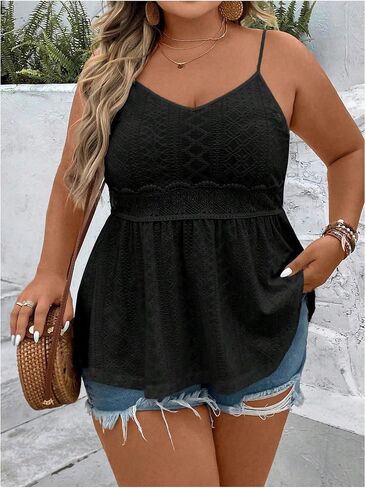 Shenhe Women's Plus Size v Neck Eyelet Cami Peplum Top Spaghetti Strap Block Boho Top Top in Saudi Arabia
