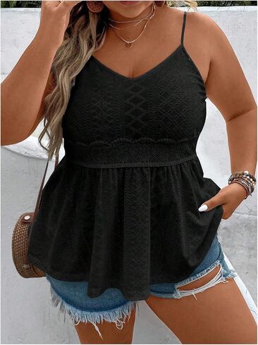 Shenhe Women's Plus Size v Neck Eyelet Cami Peplum Top Spaghetti Strap Block Boho Top Top in Saudi Arabia