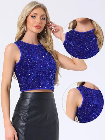 Allegra K Sequin Tops for Women's Sparkle Glitter Sleeveless Club Party Nightout Crop Tank Top in Saudi Arabia