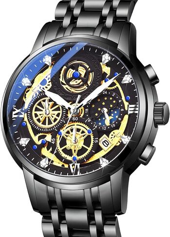 Moon Phase Watch for Men Multifunction Chronograph Dial Analog Quartz Wristwatch Luxury Diamond Business Dress Watch with Luminous Waterproof Calendar Stainless Steel Strap in Saudi Arabia