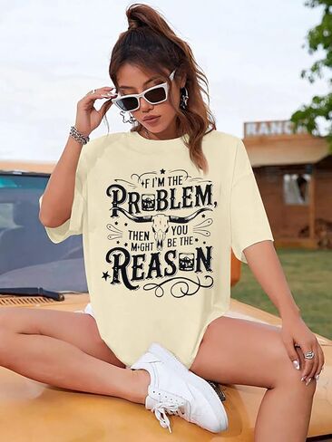 أنا قميص مشكلة النساء القمصان الغربية Cowgirl Tshirt Retro Cow Skull Tees Country Music Tops Short in Kuwait