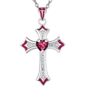 HeartMelody Cross Necklace for Women, Heart CZ Birthstone Pendant Necklace Crucifix, Birthday Gifts for Her, Mom, and Wife, 18K White Gold Plated Jewelry Necklaces, Adjustable Chain in Kuwait