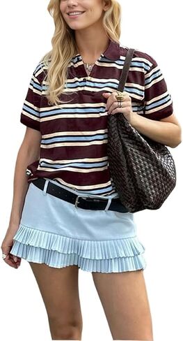 قميص y2k للنساء مخطط للرجبي زر collared رقبة لأعلى البولو الأكمام القصيرة القديمة tee preppy grunge streetwear top in Kuwait